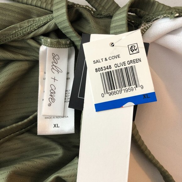 Salt + Cove Olive Green Halter Tankini Swim Top Ribbed Cinch Sides XL - Picture 5 of 6